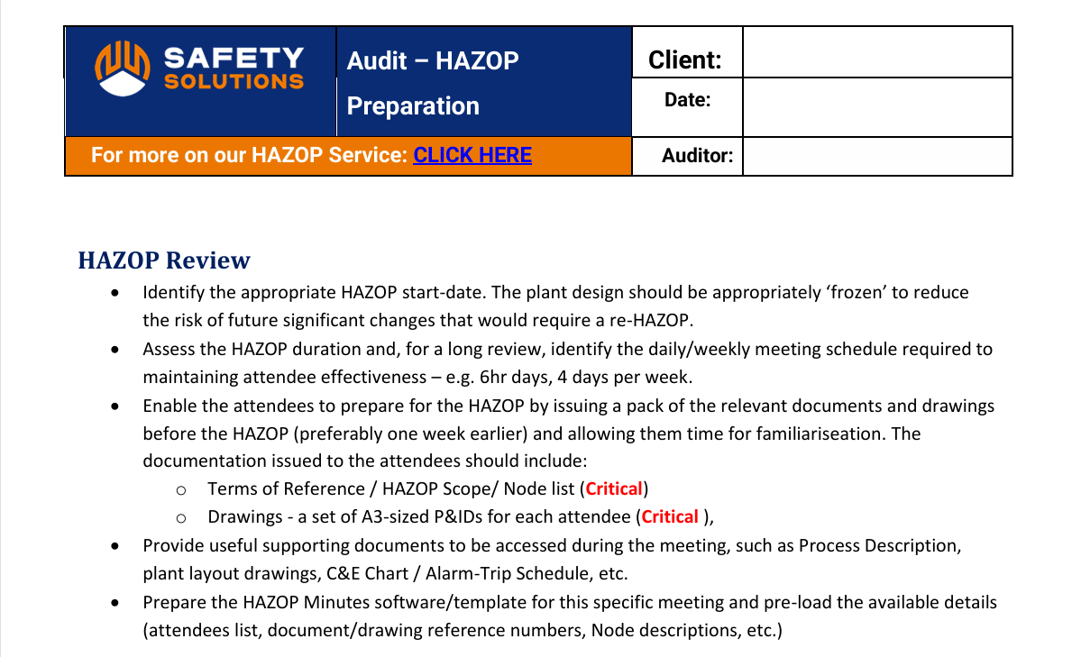 Hazop Preparation Checklist