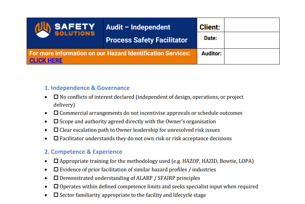 Independent Process safety facilitator checklist