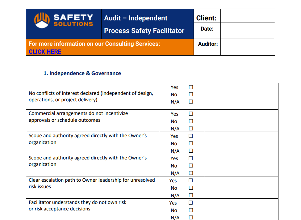 Processing Checklist Filable Independent Process Safety Facilitator Checklist